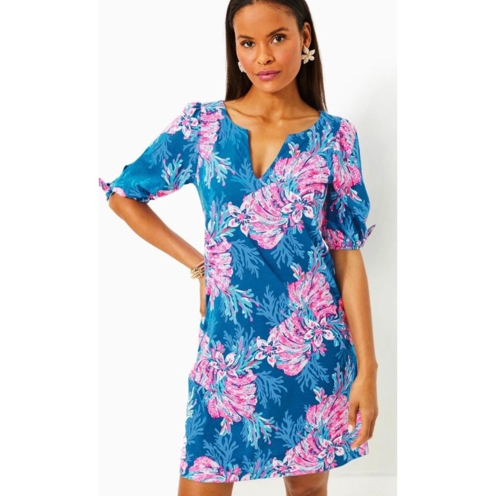 Lilly Pulitzer Etta V-Neck Dress Coral Bay Blue Pink Floral Tie Sleeve Large